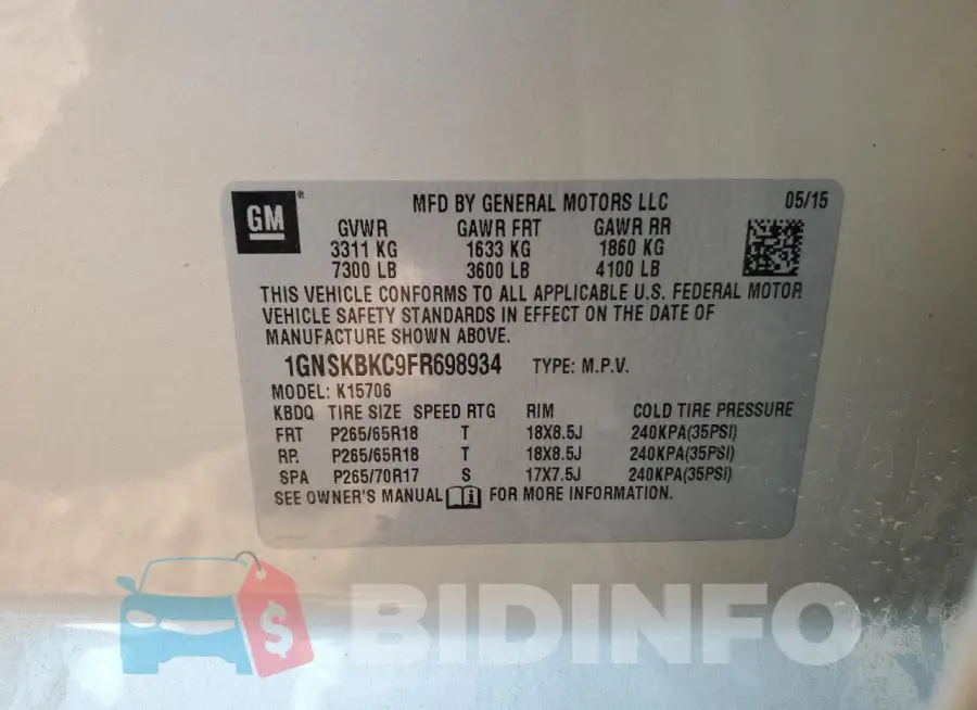1GNSKBKC9FR698934 Photo# 14