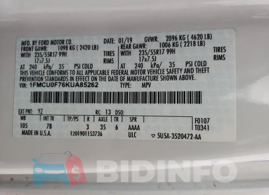 1FMCU0F76KUA85262 Photo# 13