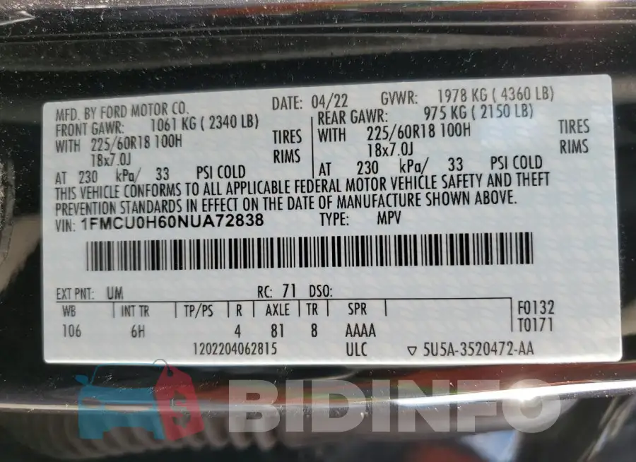 1FMCU0H60NUA72838 Photo# 12