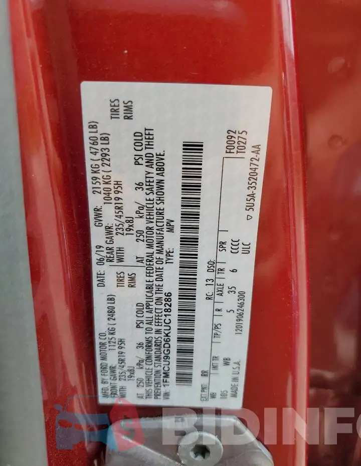 1FMCU9GD6KUC18286 Photo# 13