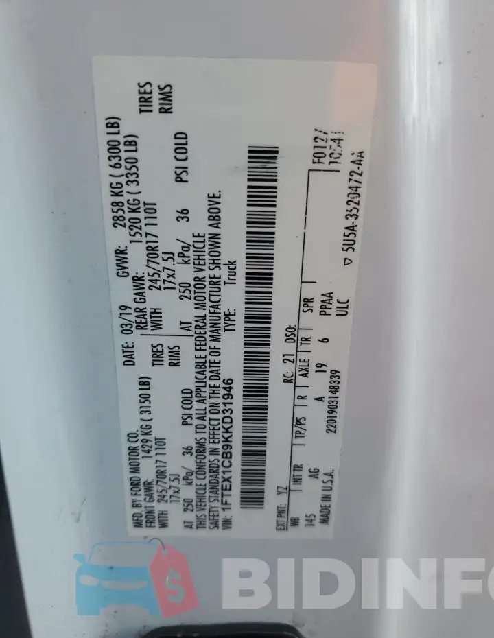 1FTEX1CB9KKD31946 Photo# 12