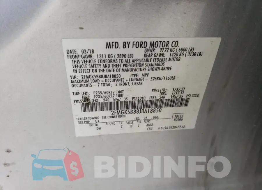 2FMGK5B88JBA18850 Photo# 13