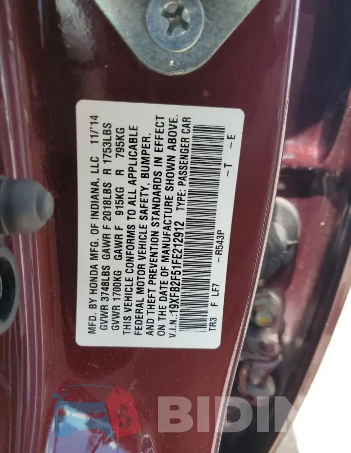 19XFB2F51FE212912 Photo# 12