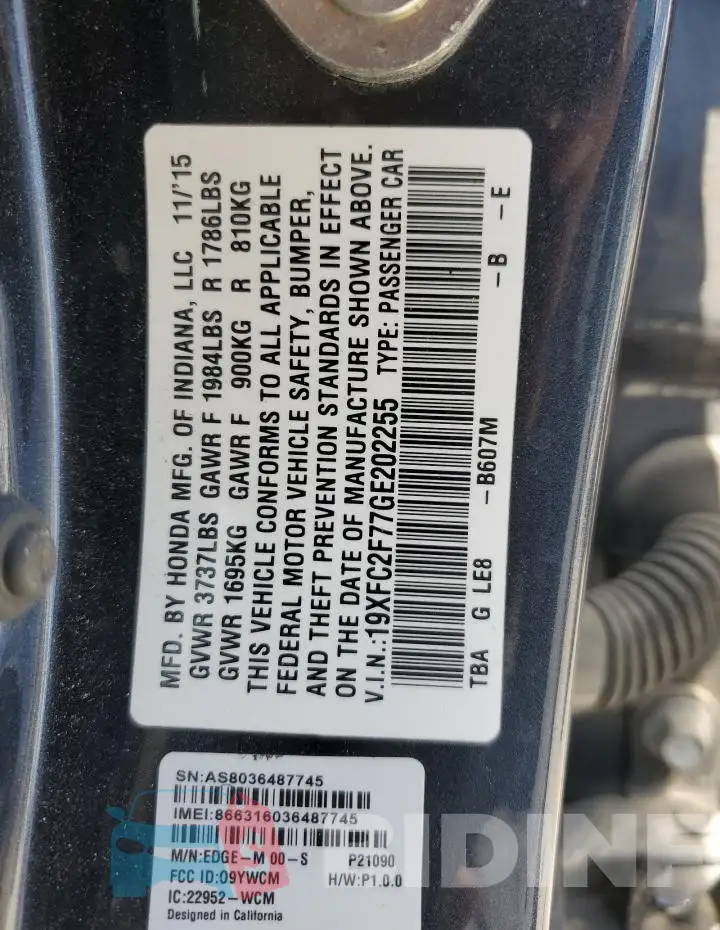 19XFC2F77GE202255 Photo# 12