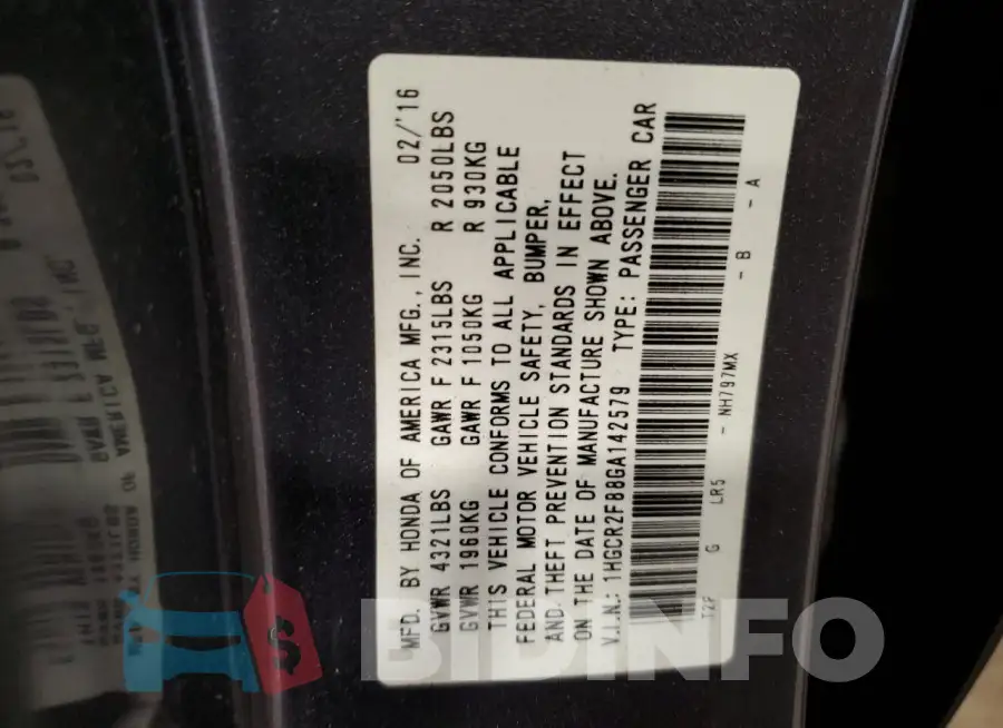 1HGCR2F88GA142579 Photo# 12
