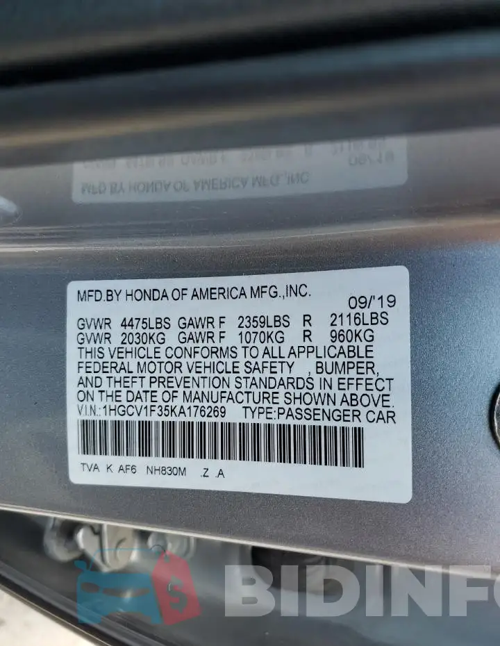 1HGCV1F35KA176269 Photo# 12