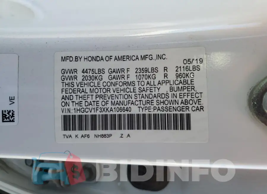 1HGCV1F3XKA106640 Photo# 13