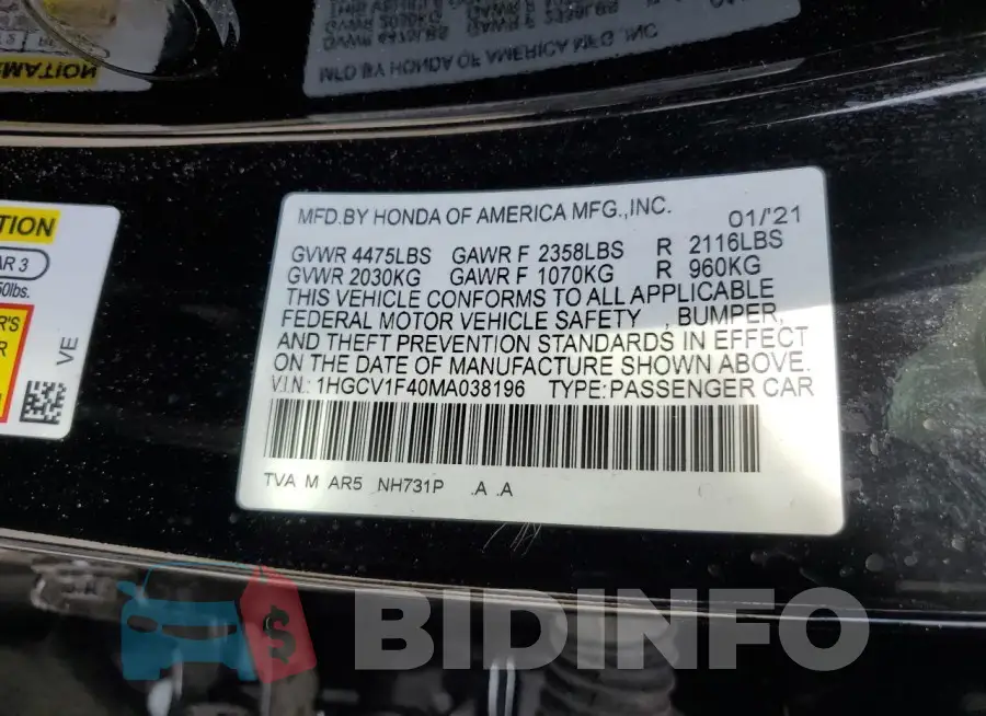 1HGCV1F40MA038196 Photo# 12