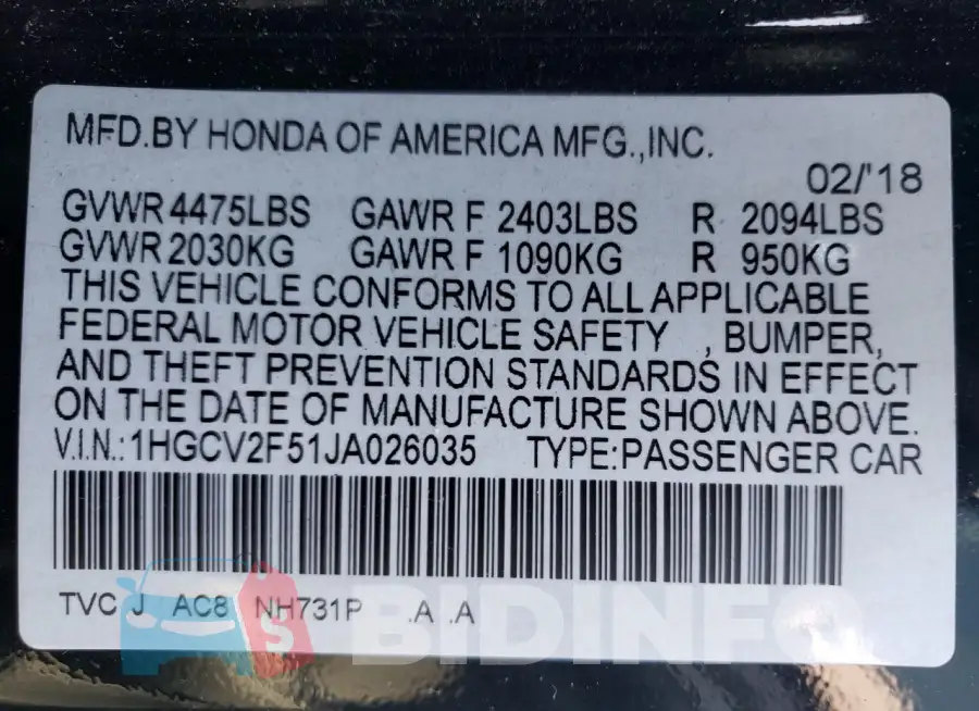 1HGCV2F51JA026035 Photo# 12