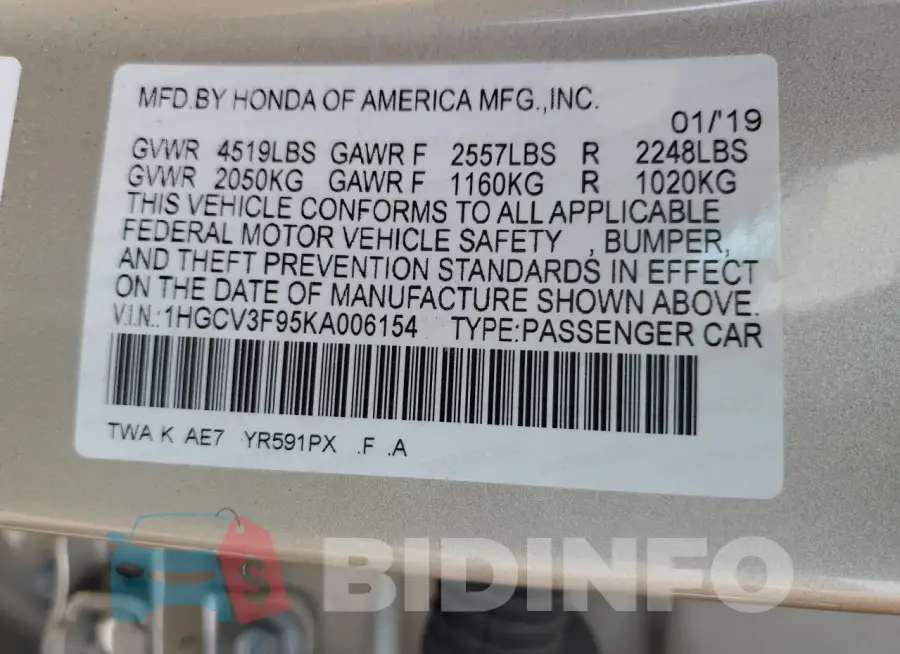1HGCV3F95KA006154 Photo# 12