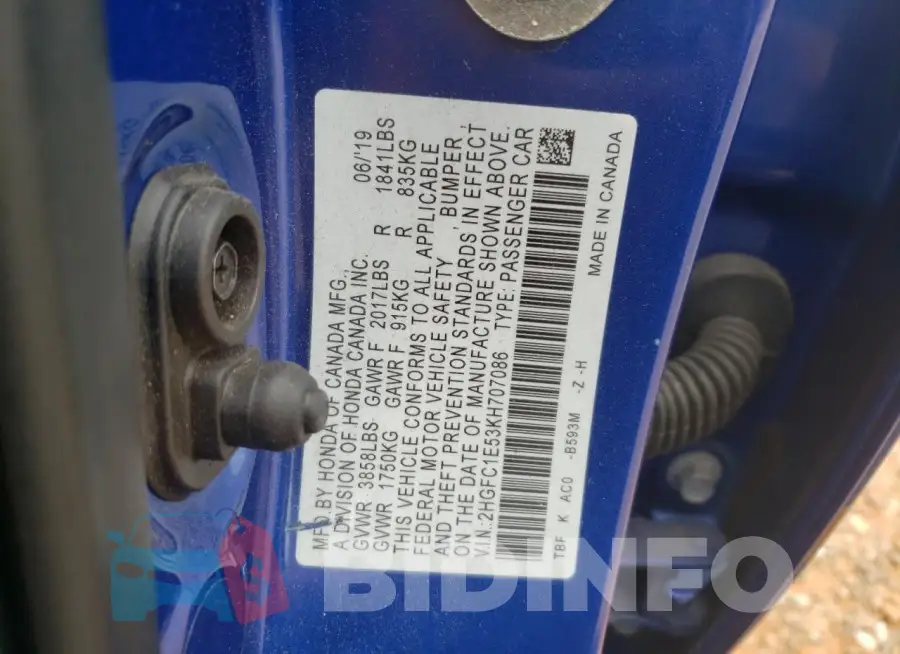 2HGFC1E53KH707086 Photo# 12