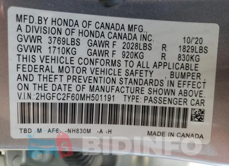 2HGFC2F60MH501191 Photo# 12