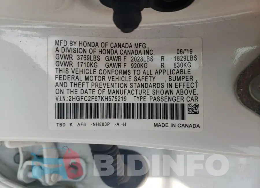 2HGFC2F67KH575219 Photo# 13