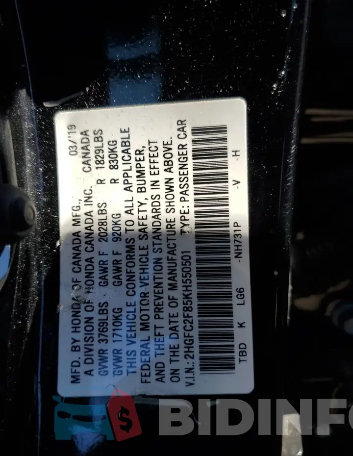 2HGFC2F85KH550501 Photo# 12