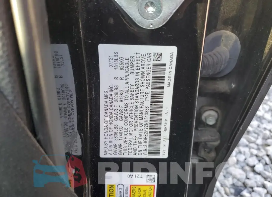 2HGFE2F22NH513836 Photo# 12