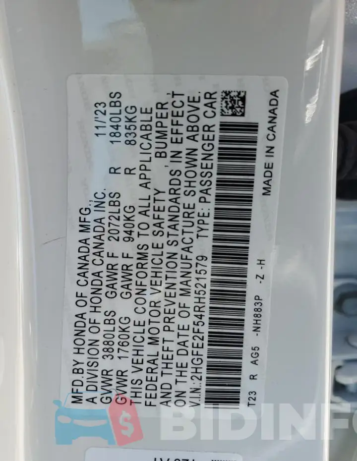 2HGFE2F54RH521579 Photo# 12