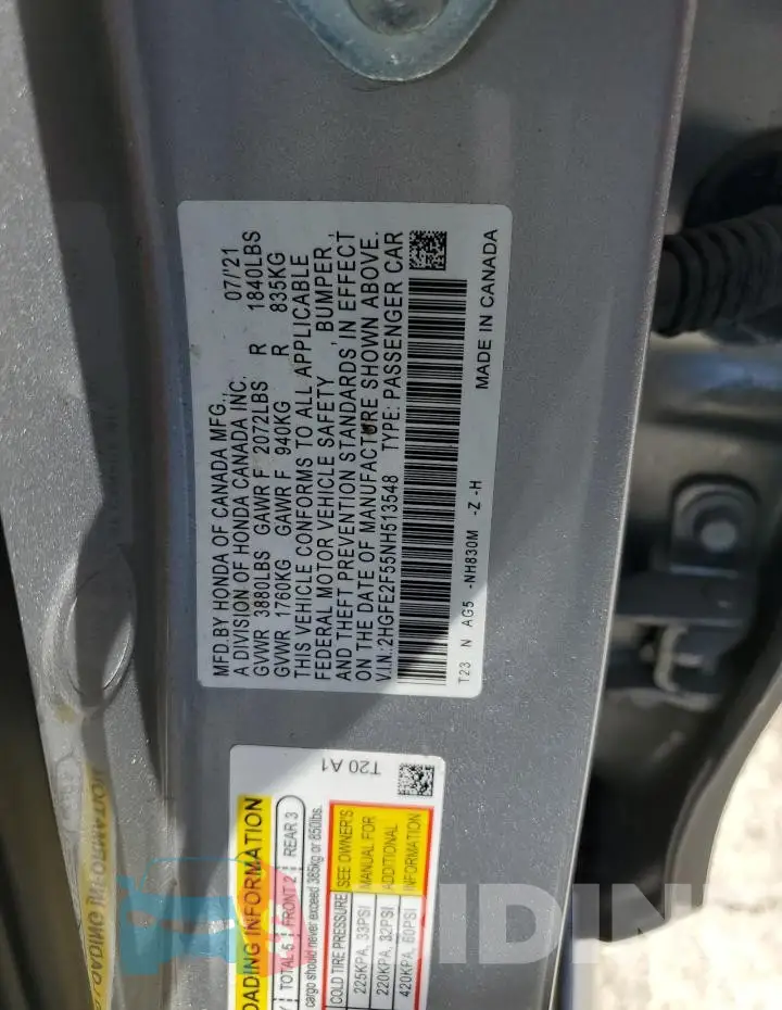 2HGFE2F55NH513548 Photo# 12