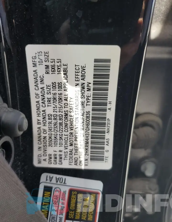 2HKRM4H37GH600836 Photo# 13