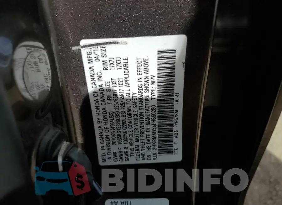 2HKRM4H55FH650280 Photo# 12