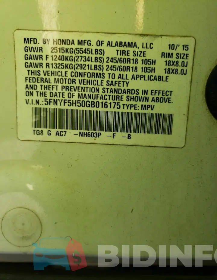 5FNYF5H50GB016175 Photo# 13
