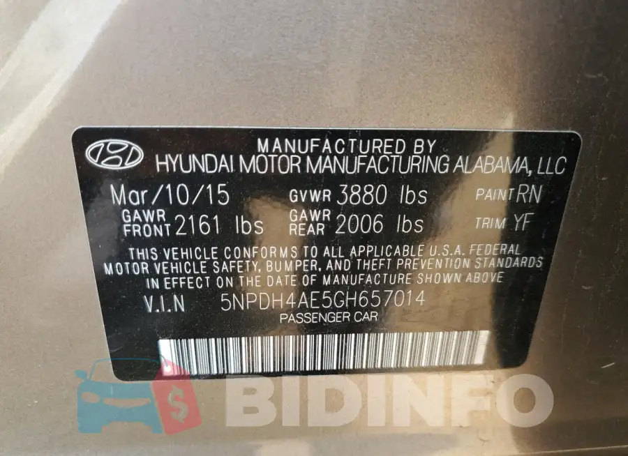 5NPDH4AE5GH657014 Photo# 12