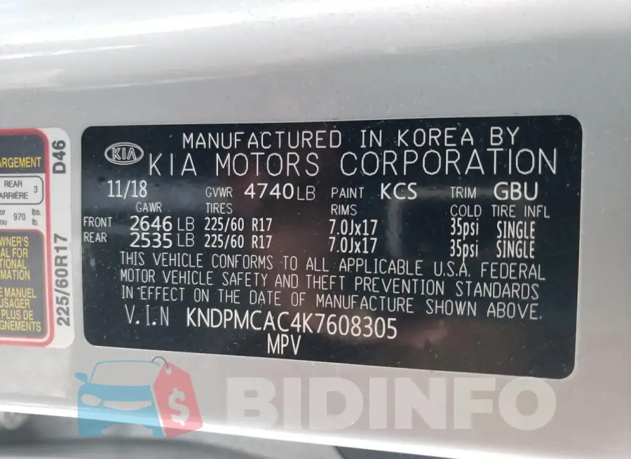 KNDPMCAC4K7608305 Photo# 14