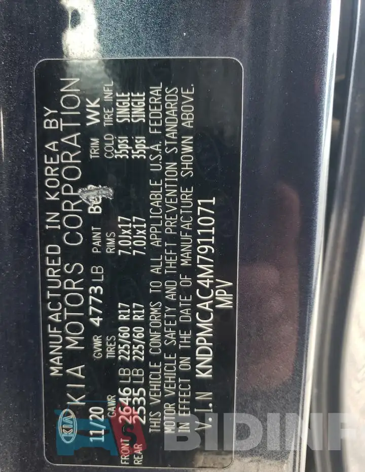 KNDPMCAC4M7911071 Photo# 14