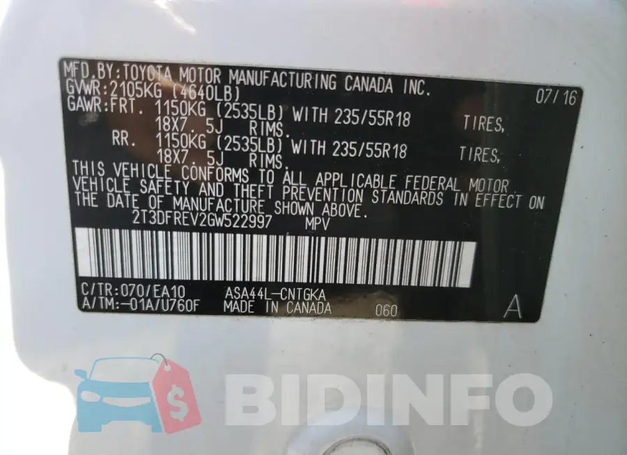 2T3DFREV2GW522997 Photo# 14