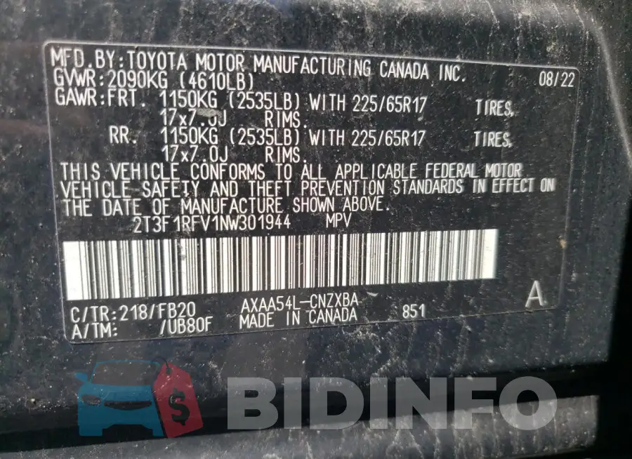 2T3F1RFV1NW301944 Photo# 13