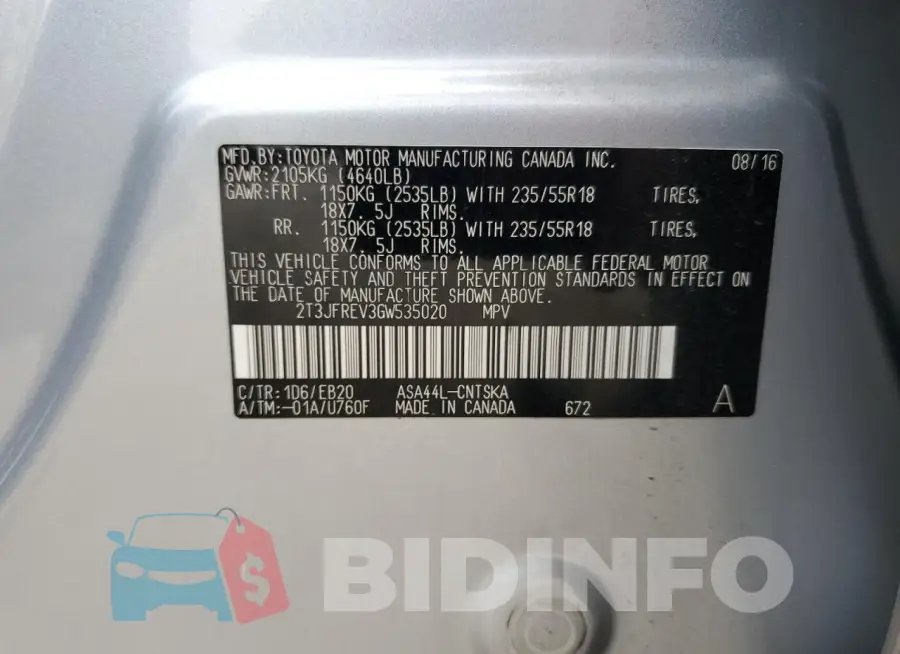 2T3JFREV3GW535020 Photo# 13