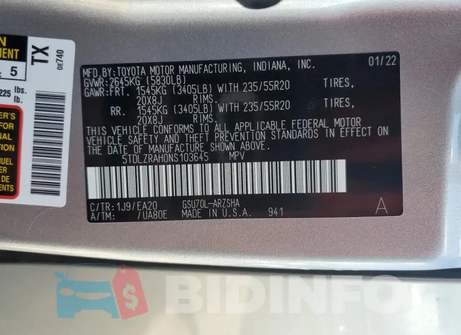 5TDLZRAH0NS103645 Photo# 13