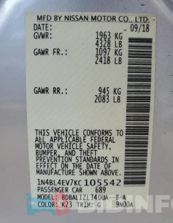 1N4BL4EV7KC105542 Photo# 13
