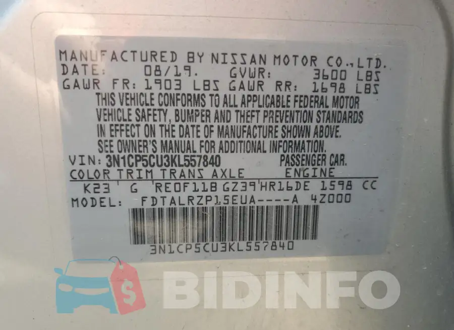 3N1CP5CU3KL557840 Photo# 13