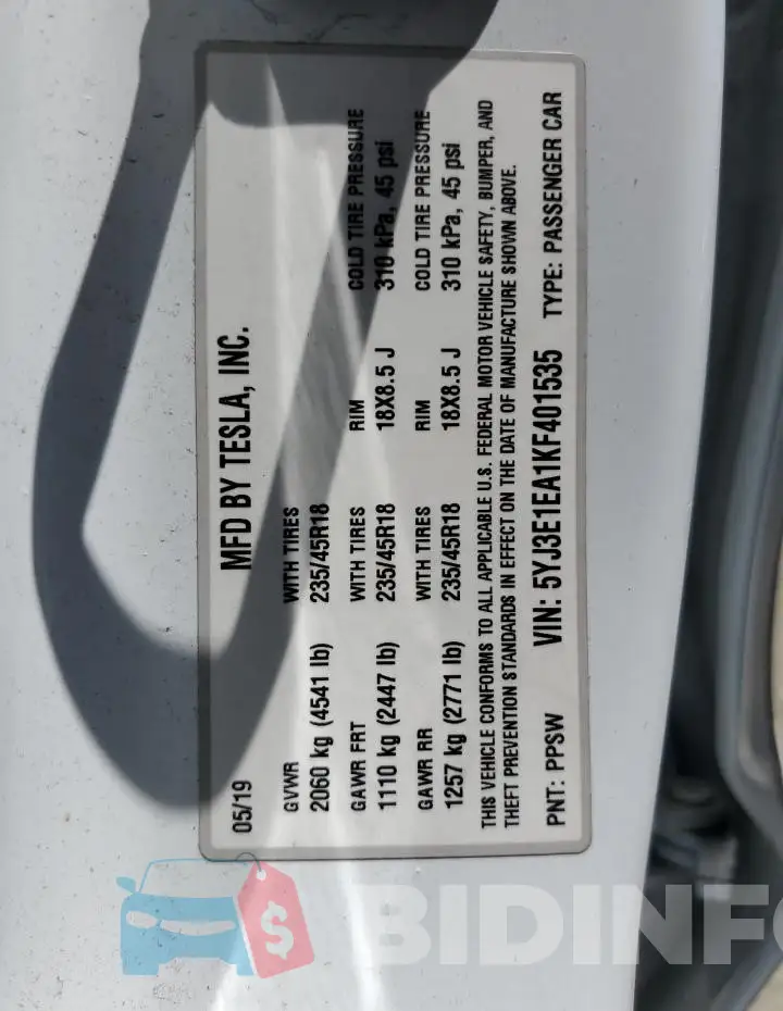5YJ3E1EA1KF401535 Photo# 12