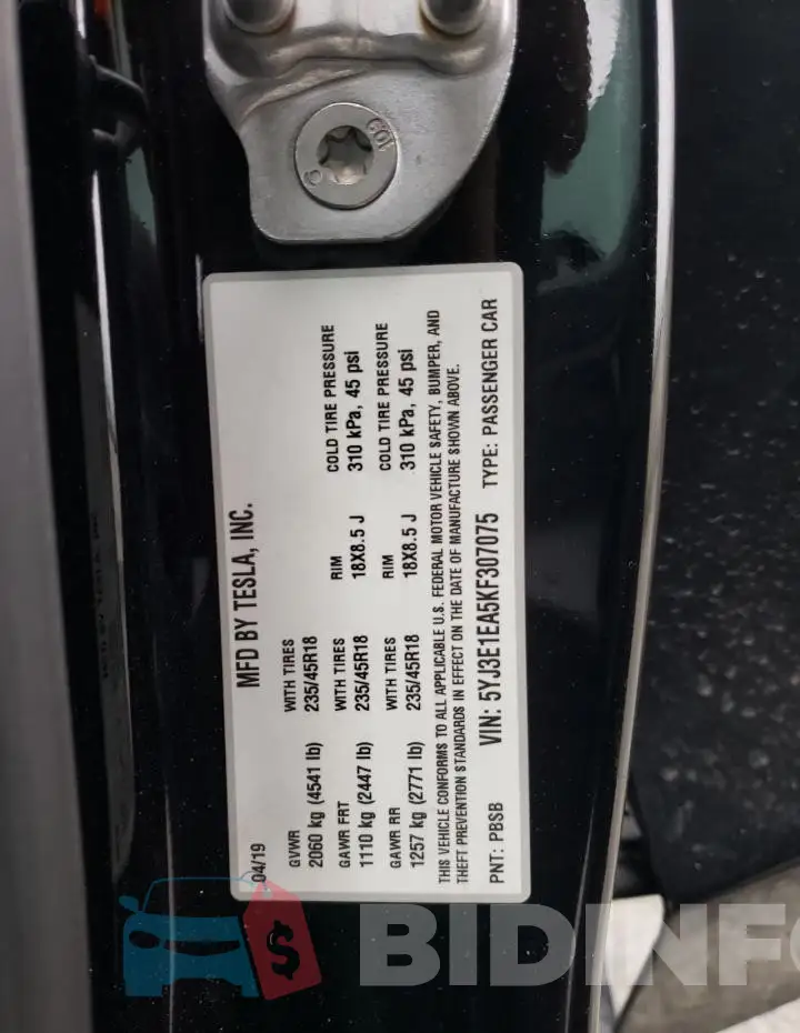 5YJ3E1EA5KF307075 Photo# 12