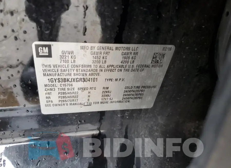 1GYS3BKJXGR304101 Photo# 14