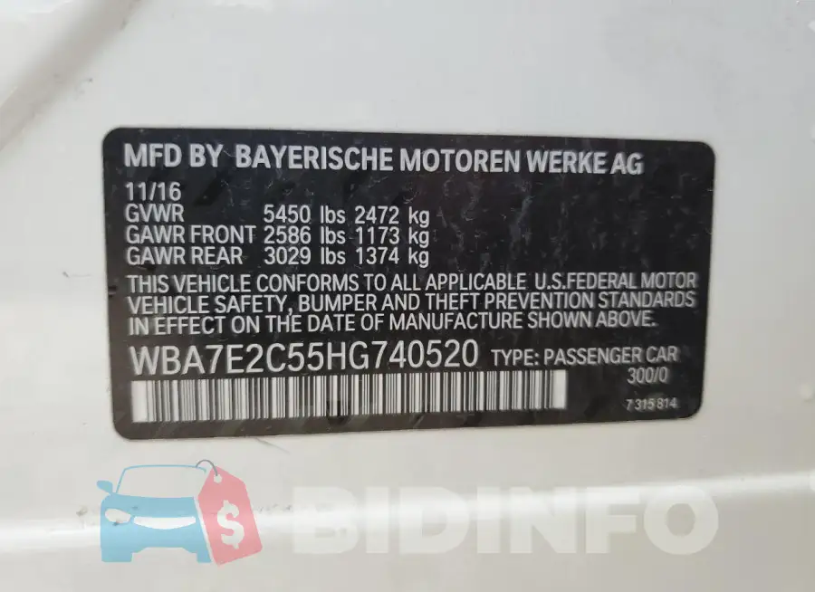 WBA7E2C55HG740520 Photo# 12