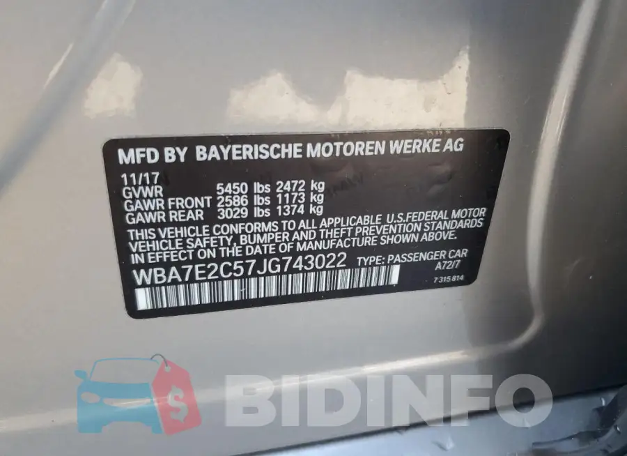 WBA7E2C57JG743022 Photo# 13