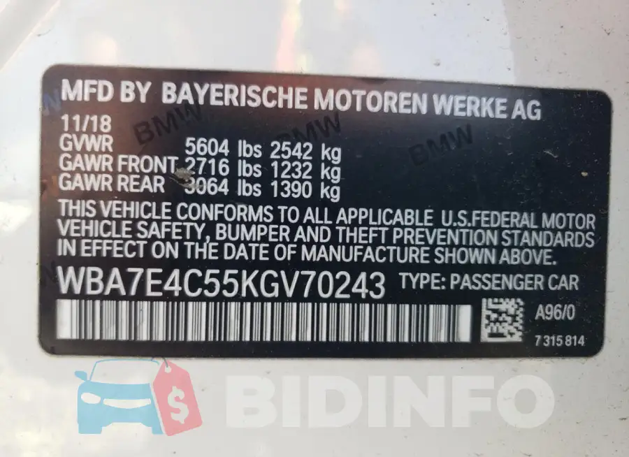WBA7E4C55KGV70243 Photo# 13