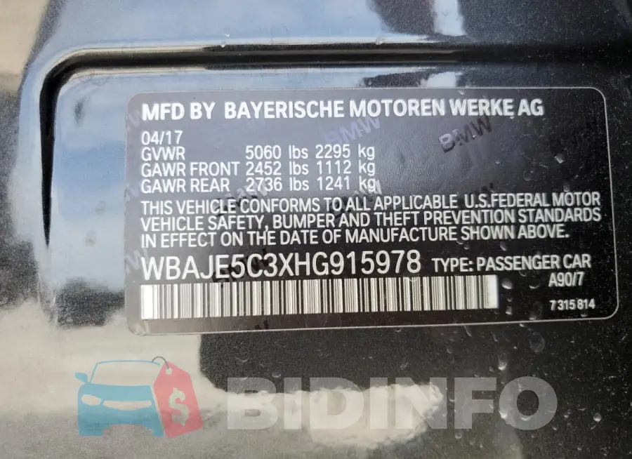 WBAJE5C3XHG915978 Photo# 12