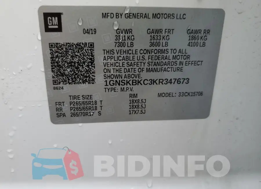 1GNSKBKC3KR347673 Photo# 14