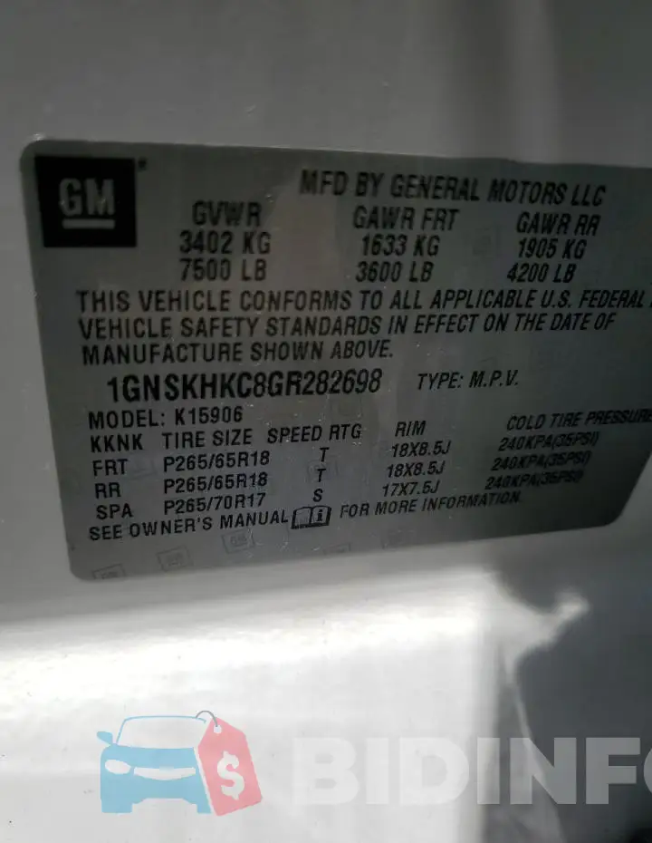 1GNSKHKC8GR282698 Photo# 13