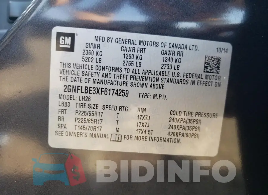 2GNFLBE3XF6174259 Photo# 13