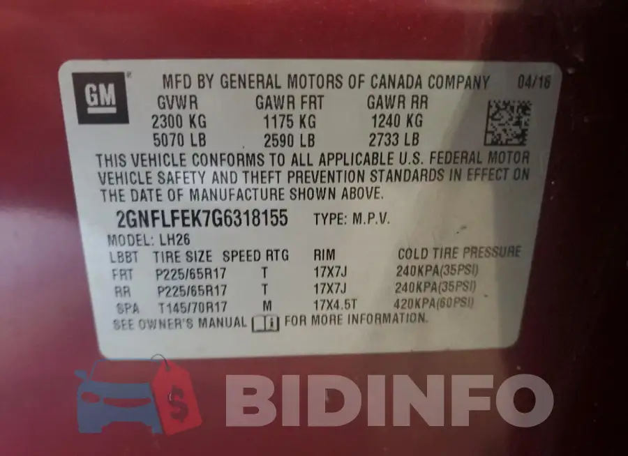 2GNFLFEK7G6318155 Photo# 13