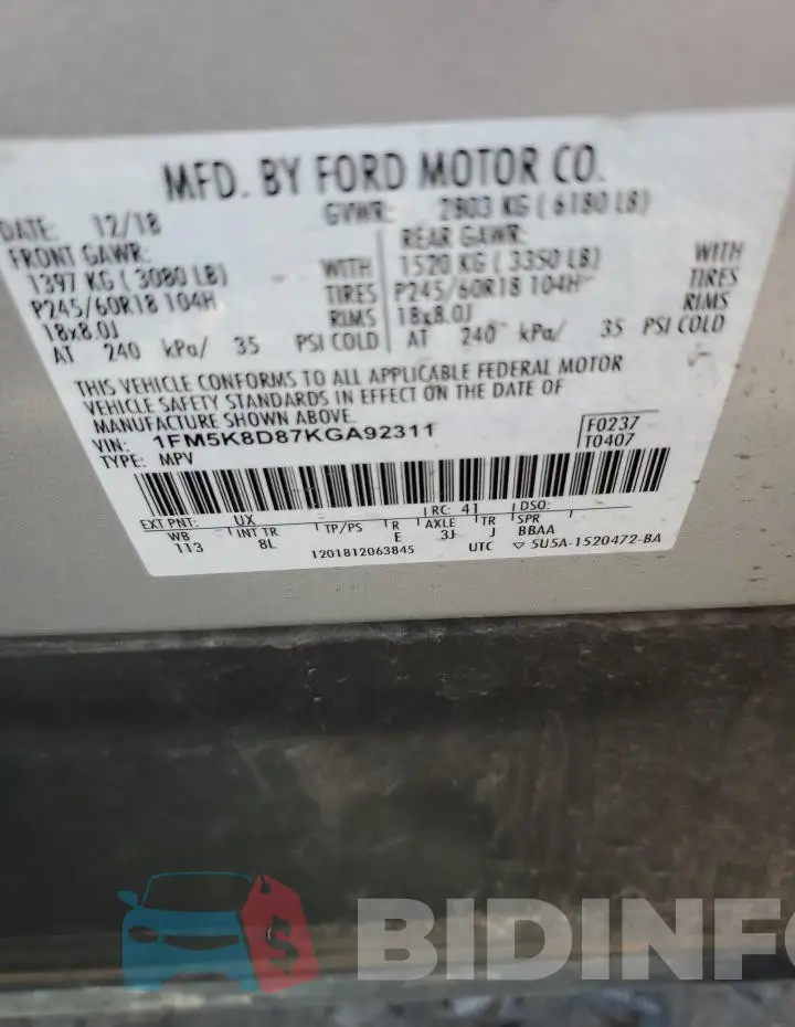 1FM5K8D87KGA92311 Photo# 13