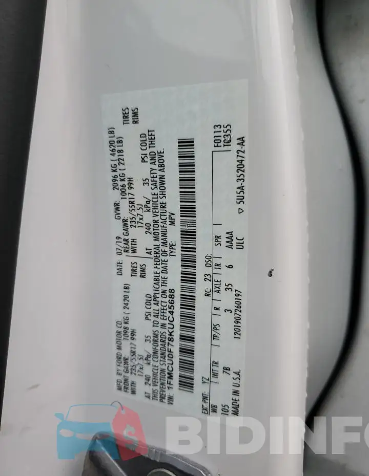 1FMCU0F78KUC45688 Photo# 13