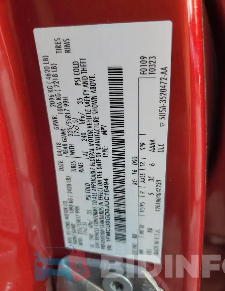 1FMCU0GD0JUC16494 Photo# 14