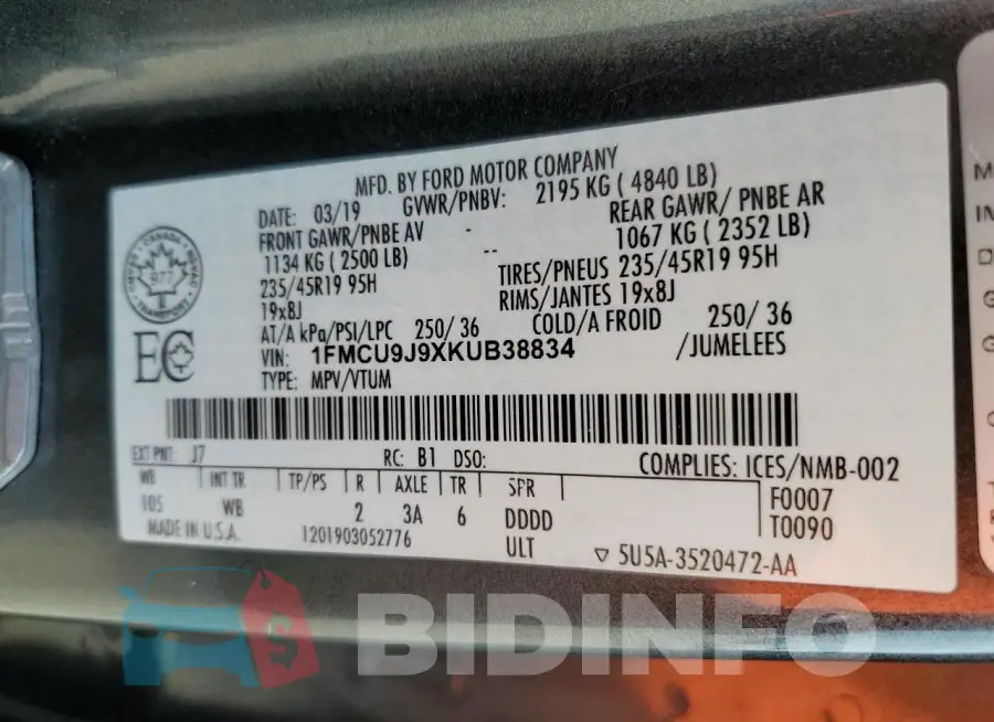 1FMCU9J9XKUB38834 Photo# 13