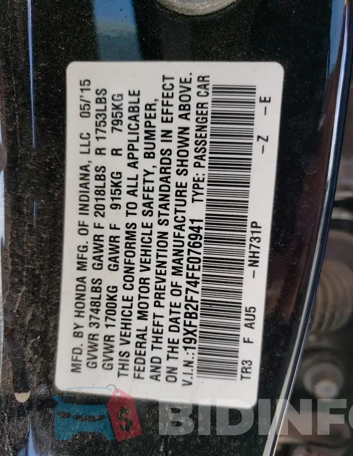 19XFB2F74FE076941 Photo# 13