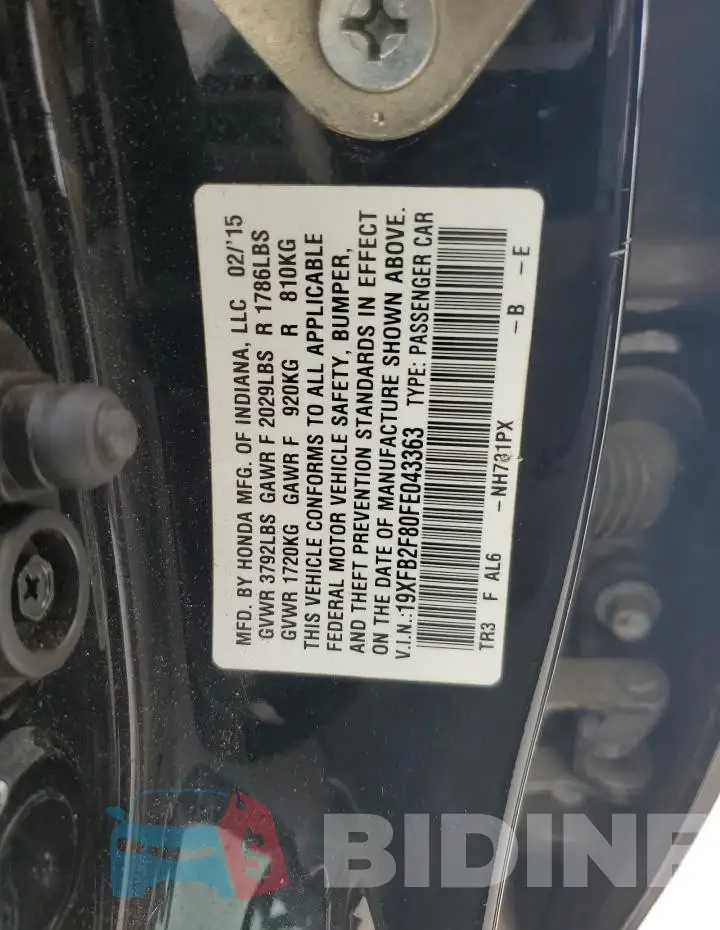 19XFB2F80FE043363 Photo# 12